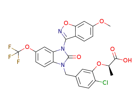Molecular Structure of 1351534-24-1 ((2R)-2-[2-chloro-5-[[3-(6-methoxybenzisoxazol-3-yl)-2-oxo-5-trifluoromethoxybenzimidazol-1-yl]methyl]phenoxy]propanoic acid)