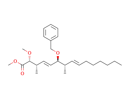 Molecular Structure of 102616-24-0 (methyl (2R,3S,4E,6R,7S,8E)-6-(benzyloxy)-2-methoxy-3,7-dimethylpentadeca-4,8-dienoate)