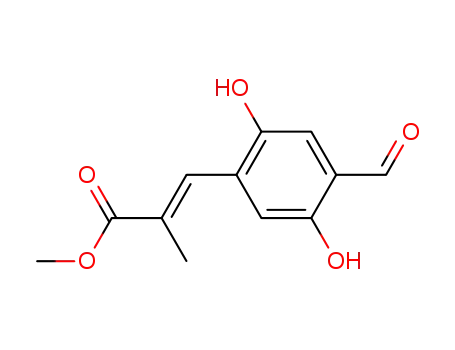 Molecular Structure of 205123-25-7 ((E)-3-(4-Formyl-2,5-dihydroxy-phenyl)-2-methyl-acrylic acid methyl ester)