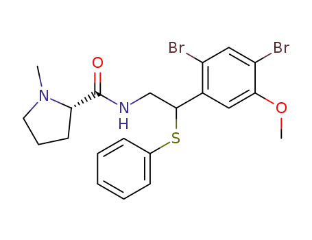 Molecular Structure of 487027-10-1 (2-Pyrrolidinecarboxamide,
N-[2-(2,4-dibromo-5-methoxyphenyl)-2-(phenylthio)ethyl]-1-methyl-,
(2S)-)