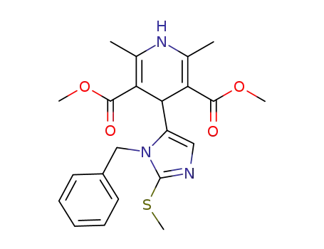 Molecular Structure of 479400-33-4 (3,5-Pyridinedicarboxylic acid,
1,4-dihydro-2,6-dimethyl-4-[2-(methylthio)-1-(phenylmethyl)-1H-imidazol
-5-yl]-, dimethyl ester)