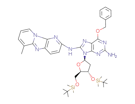 Molecular Structure of 896719-57-6 (6-benzyloxy-9-[4-(<i>tert</i>-butyl-dimethyl-silanyloxy)-5-(<i>tert</i>-butyl-dimethyl-silanyloxymethyl)-tetrahydro-furan-2-yl]-<i>N</i><sup>8</sup>-(6-methyl-dipyrido[1,2-<i>a</i>;3',2'-<i>d</i>]imidazol-2-yl)-9<i>H</i>-purine-2,8-diamine)