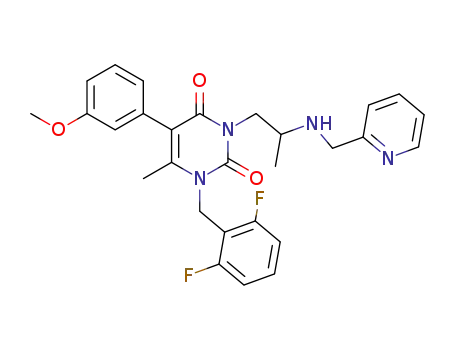Molecular Structure of 352293-98-2 (1-(2,6-difluoro-benzyl)-5-(3-methoxy-phenyl)-6-methyl-3-{2-[(pyridin-2-ylmethyl)-amino]-propyl}-1<i>H</i>-pyrimidine-2,4-dione)