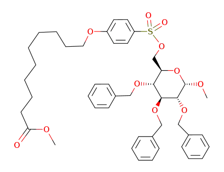 Molecular Structure of 218628-92-3 (10-[4-((2R,3R,4S,5R,6S)-3,4,5-Tris-benzyloxy-6-methoxy-tetrahydro-pyran-2-ylmethoxysulfonyl)-phenoxy]-decanoic acid methyl ester)