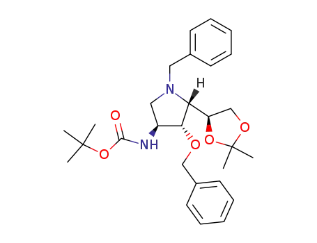 Molecular Structure of 163916-55-0 (Carbamic acid, 5-(2,2-dimethyl-1,3-dioxolan-4-yl)-4-(phenylmethoxy)-1-(phenylmethyl)-3-pyrrolidinyl-, 1,1-dimethylethyl ester, 3S-3.alpha.,4.beta.,5.beta.(R*)-)