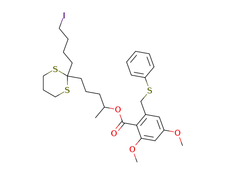 2,4-Dimethoxy-6-phenylsulfanylmethyl-benzoic acid 4-[2-(4-iodo-butyl)-[1,3]dithian-2-yl]-1-methyl-butyl ester
