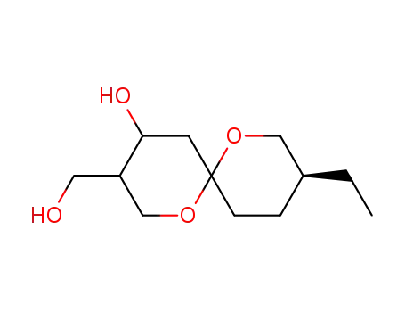 Molecular Structure of 111465-44-2 (1,7-Dioxaspiro[5.5]undecane-3-methanol,9-ethyl-4-hydroxy-, (3R,4S,6S,9R)-)