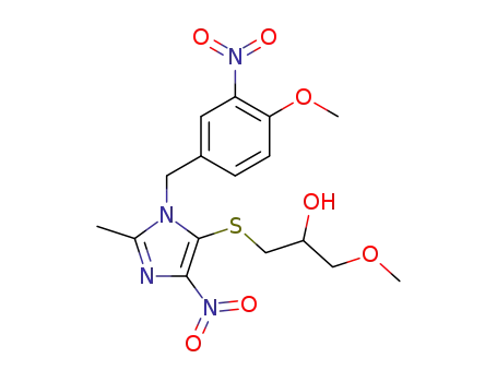 Molecular Structure of 115906-40-6 (1-methoxy-3-{[1-(4-methoxy-3-nitrobenzyl)-2-methyl-4-nitro-1H-imidazol-5-yl]sulfanyl}propan-2-ol)