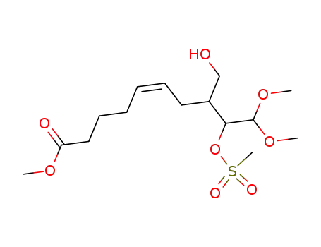Molecular Structure of 78668-69-6 (5-Decenoic acid,
8-(hydroxymethyl)-10,10-dimethoxy-9-[(methylsulfonyl)oxy]-, methyl ester)
