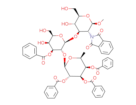 Molecular Structure of 141542-09-8 (methyl O-(2,3,4-tri-O-benzoyl-β-L-fucopyranosyl)-(1->2)-O-(3-O-benzoyl-β-D-galactopyranosyl)-(1->3)-2-deoxy-2-phthalimido-β-D-glucopyranoside)