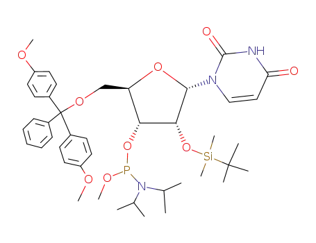 Molecular Structure of 129666-60-0 (Diisopropyl-phosphoramidous acid (2R,3R,4R,5S)-2-[bis-(4-methoxy-phenyl)-phenyl-methoxymethyl]-4-(tert-butyl-dimethyl-silanyloxy)-5-(2,4-dioxo-3,4-dihydro-2H-pyrimidin-1-yl)-tetrahydro-furan-3-yl ester methyl ester)