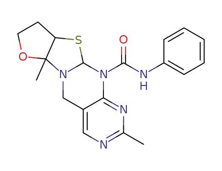 Molecular Structure of 21346-77-0 (2,6a-dimethyl-(6a<i>r</i>,9a<i>c</i>,10a<i>t</i>)-6a,8,9,9a-tetrahydro-5<i>H</i>-furo[2',3':4,5]thiazolo[3,2-<i>a</i>]pyrimido[4,5-<i>d</i>]pyrimidine-11-carboxylic acid anilide)