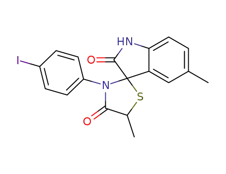 Molecular Structure of 116344-47-9 (Spiro[3H-indole-3,2'-thiazolidine]-2,4'(1H)-dione,
3'-(4-iodophenyl)-5,5'-dimethyl-)