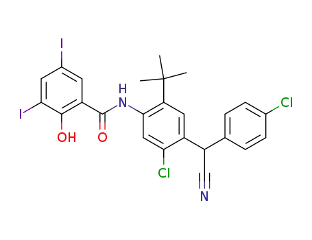 Molecular Structure of 61438-61-7 (Benzamide,
N-[5-chloro-4-[(4-chlorophenyl)cyanomethyl]-2-(1,1-dimethylethyl)phenyl
]-2-hydroxy-3,5-diiodo-)