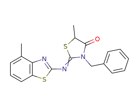 Molecular Structure of 63204-50-2 (4-Thiazolidinone,
5-methyl-2-[(4-methyl-2-benzothiazolyl)imino]-3-(phenylmethyl)-)