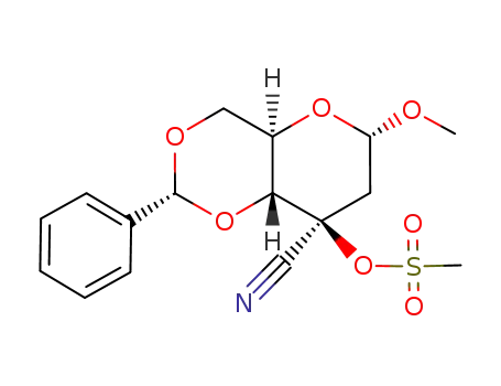 Molecular Structure of 65827-64-7 (methyl 4,6-O-benzylidene-3-C-cyano-2-deoxy-3-O-methanesulphonyl-α-D-arabino-hexopyranoside)