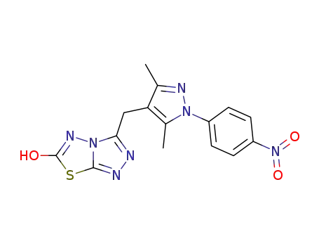 Molecular Structure of 127872-00-8 (3-[3,5-Dimethyl-1-(4-nitro-phenyl)-1H-pyrazol-4-ylmethyl]-[1,2,4]triazolo[3,4-b][1,3,4]thiadiazol-6-ol)