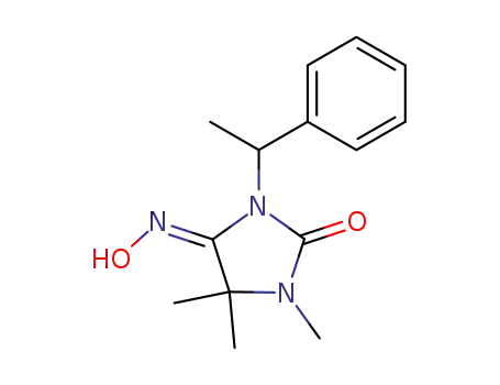 Molecular Structure of 88235-81-8 (2,4-Imidazolidinedione, 1,5,5-trimethyl-3-(1-phenylethyl)-, 4-oxime, (E)-)