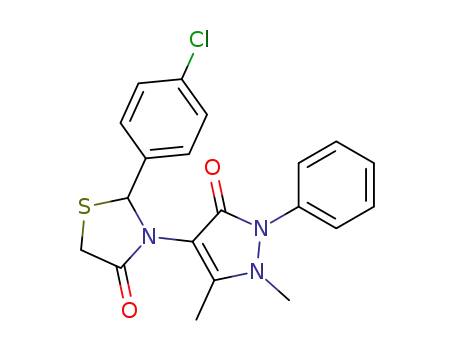 Molecular Structure of 125298-57-9 (2-(4-chlorophenyl)-3-(1,5-dimethyl-3-oxo-2-phenyl-2,3-dihydro-1H-pyrazol-4-yl)-1,3-thiazolidin-4-one)