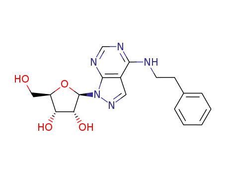 Molecular Structure of 82436-61-1 ((2R,3S,4R,5R)-2-Hydroxymethyl-5-(4-phenethylamino-pyrazolo[3,4-d]pyrimidin-1-yl)-tetrahydro-furan-3,4-diol)