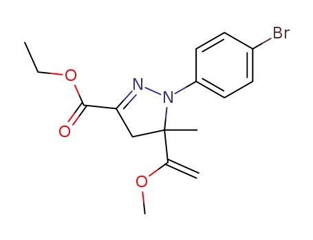 Molecular Structure of 77758-16-8 (1-(4-Bromo-phenyl)-5-(1-methoxy-vinyl)-5-methyl-4,5-dihydro-1H-pyrazole-3-carboxylic acid ethyl ester)