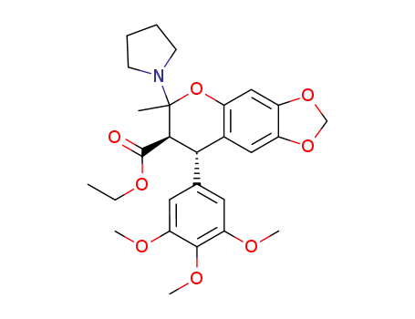 Molecular Structure of 116409-00-8 (Ethyl 7,8-dihydro-6-methyl-6-(1-pyrrolidinyl)-8-(3,4,5-trimethoxypheny l)-6H-1,3-dioxolo(4,5-g)(1)benzopyran-7-carboxylate)