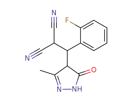 Molecular Structure of 89607-52-3 (Propanedinitrile,
[(4,5-dihydro-3-methyl-5-oxo-1H-pyrazol-4-yl)(2-fluorophenyl)methyl]-)