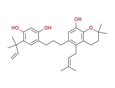 Molecular Structure of 104494-33-9 (1,3-Benzenediol,4-[3-[3,4-dihydro-8-hydroxy-2,2-dimethyl-5-(3-methyl-2-buten-1-yl)-2H-1-benzopyran-6-yl]propyl]-6-(1,1-dimethyl-2-propen-1-yl)-)