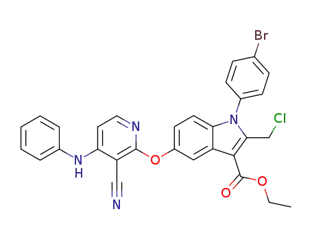 Molecular Structure of 136038-22-7 (ethyl 5-[(4-anilino-3-cyanopyridin-2-yl)oxy]-1-(4-bromophenyl)-2-(chloromethyl)-1H-indole-3-carboxylate)