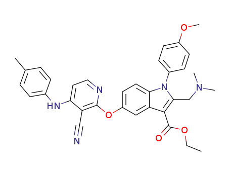 Molecular Structure of 136038-48-7 (ethyl 5-{[3-cyano-4-(4-toluidino)-2-pyridinyl]oxy}-2-[(dimethylamino)methyl]-1-(4-methoxyphenyl)-1H-indole-3-carboxylate)