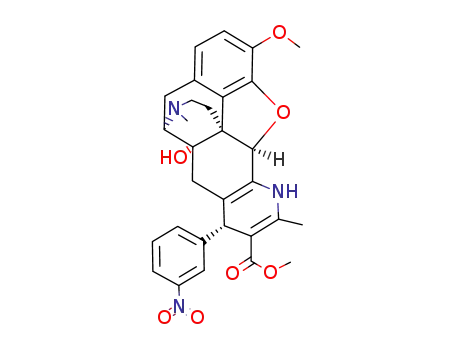 Molecular Structure of 145301-14-0 ((6R,6aS,8R,12R,12aS)-(-)-1,12-Epoxy-5,6,6a,7,8,11-hexahydro-6a-hydroxy-6,12a-iminoethano-2-methoxy-10,15-dimethyl-8-(3-nitrophenyl)-(12H)-naphtho<2,1-g>chinolin-9-carbonsaeuremethylester)