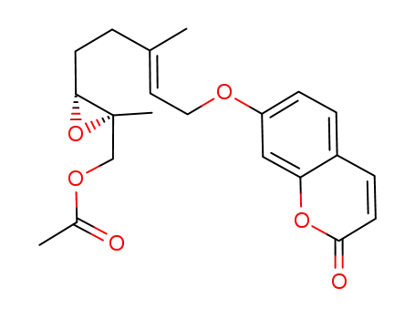 Molecular Structure of 115028-75-6 ((+)-(6'R,7'R,2'E)-epoxy-6',7' dimethyl-3',7' acetoxy-8' octene-2' oxy-7' coumarine)