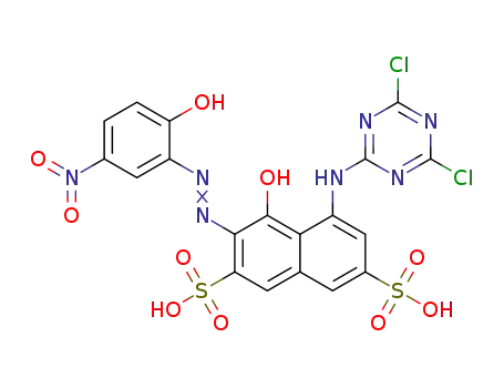 Molecular Structure of 73826-58-1 ((3E)-5-[(4,6-dichloro-1,3,5-triazin-2-yl)amino]-3-[(2-hydroxy-5-nitro-phenyl)hydrazinylidene]-4-oxo-naphthalene-2,7-disulfonic acid)