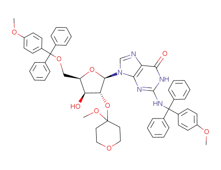 Molecular Structure of 125132-18-5 (9-[(2R,3R,4S,5R)-4-Hydroxy-5-[(4-methoxy-phenyl)-diphenyl-methoxymethyl]-3-(4-methoxy-tetrahydro-pyran-4-yloxy)-tetrahydro-furan-2-yl]-2-{[(4-methoxy-phenyl)-diphenyl-methyl]-amino}-1,9-dihydro-purin-6-one)