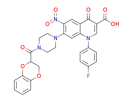 Molecular Structure of 1119087-42-1 (7-(4-(2,3-dihydrobenzo[b][1,4]dioxin-2-ylcarbonyl)piperazin-1-yl)-1-(4-fluorophenyl)-1,4-dihydro-6-nitro-4-oxoquinoline-3-carboxylic acid)