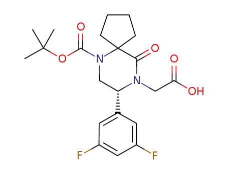 Molecular Structure of 957187-37-0 ((R)-2-(6-(tert-butoxycarbonyl)-8-(3,5-difluorophenyl)-10-oxo-6,9-diazaspiro[4.5]decan-9-yl)acetic acid)