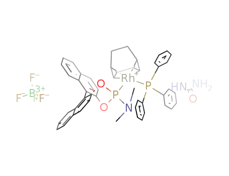 Molecular Structure of 1158177-81-1 ([Rh(cyclooctadiene)((S)-(+)-(3,5-dioxa-4-phosphacyclohepta[2,1-a;3,4-a']-dinaphthalen-4-yl)dimethylamine)(P(C<sub>6</sub>H<sub>5</sub>)2C<sub>7</sub>H<sub>7</sub>N<sub>2</sub>O)]BF<sub>4</sub>)