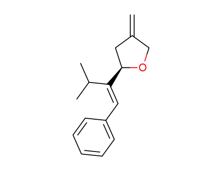 Molecular Structure of 1303612-73-8 ((R,E)-2-(3-methyl-1-phenylbut-1-en-2-yl)-4-methylenetetrahydrofuran)