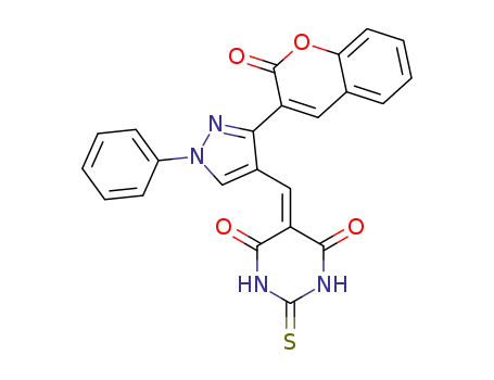 Molecular Structure of 423155-28-6 (dihydro-5-((3-(2-oxo-2H-chromene-3-yl)-1-phenyl-1H-pyrazol-4-yl)methylene)-2-thioxopyrimidine-4,6(1H,5H)-dione)