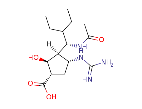 Molecular Structure of 229614-56-6 ((1S,2R,3R,4R)-3-[(1S)-1-acetamido-2-ethyl-butyl]-4-(diaminomethylideneamino)-2-hydroxy-cyclopentane-1-carboxylic acid)