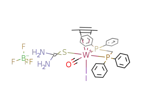 {WI(carbonyl)(thiourea)(dppm)(η2-but-2-yne)}{tetrafluoroborate}