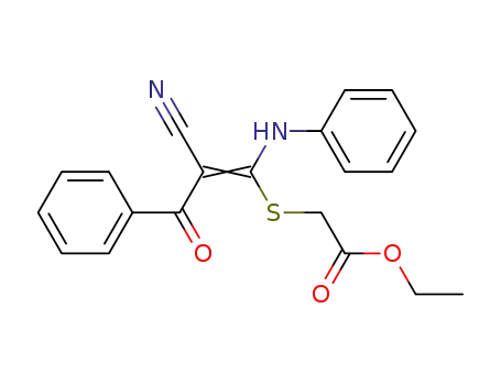 Molecular Structure of 63244-38-2 (Acetic acid,
[[2-cyano-3-oxo-3-phenyl-1-(phenylamino)-1-propenyl]thio]-, ethyl ester)