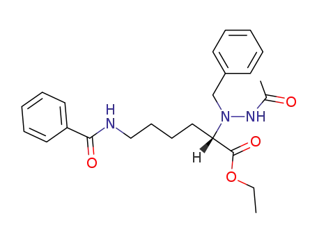 Molecular Structure of 57463-27-1 (Hexanoic acid,
2-[2-acetyl-1-(phenylmethyl)hydrazino]-6-(benzoylamino)-, ethyl ester,
(S)-)