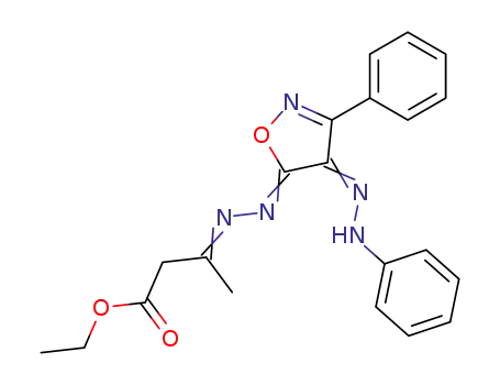 Molecular Structure of 91816-06-7 (Butanoic acid,
3-[[3-phenyl-4-(phenylhydrazono)-5(4H)-isoxazolylidene]hydrazono]-,
ethyl ester)