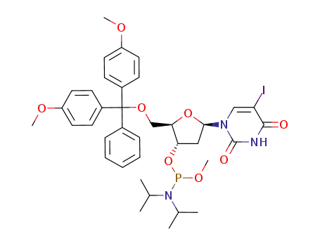 Molecular Structure of 104393-15-9 (<5'-(4,4'-dimethoxytrityl)-5-iodo-2'-deoxy-3'-uridinyl>(N,N-diisopropylamino)methoxyphosphine)