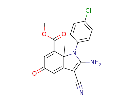 Molecular Structure of 144658-40-2 (1H-Indole-7-carboxylic acid,
2-amino-1-(4-chlorophenyl)-3-cyano-5,7a-dihydro-7a-methyl-5-oxo-,
methyl ester)