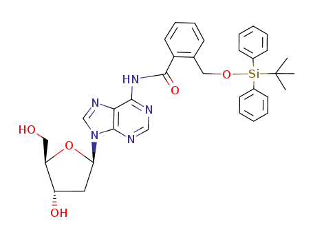 Molecular Structure of 139036-61-6 (Adenosine,
2'-deoxy-N-[2-[[[(1,1-dimethylethyl)diphenylsilyl]oxy]methyl]benzoyl]-)