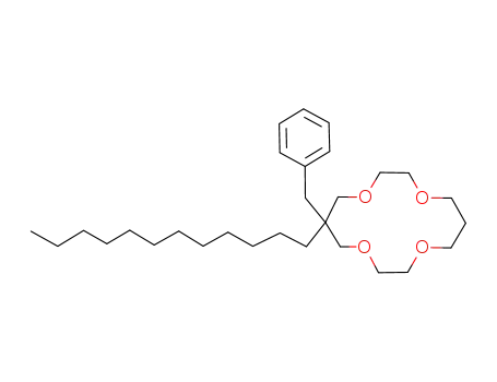 Molecular Structure of 106868-20-6 (1,4,8,11-Tetraoxacyclotetradecane, 6-dodecyl-6-(phenylmethyl)-)