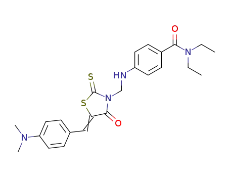 Molecular Structure of 104183-56-4 (5-(p-Dimethylaminobenzylidene)-3-<p-(N,N-diethylcarbamoyl)anilinomethyl>-4-oxo-thiazolidine-2-thione)