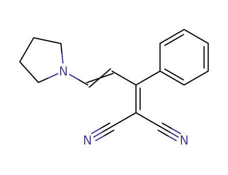 Molecular Structure of 102354-16-5 (2-((E)-1-Phenyl-3-pyrrolidin-1-yl-allylidene)-malononitrile)
